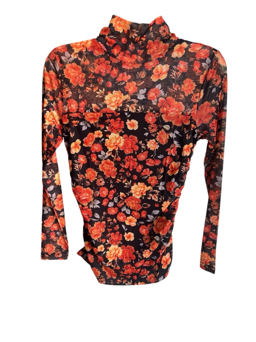 Zeagoo mesh floral top orange and black ruched sides Size Medium - Picture 2 of 5